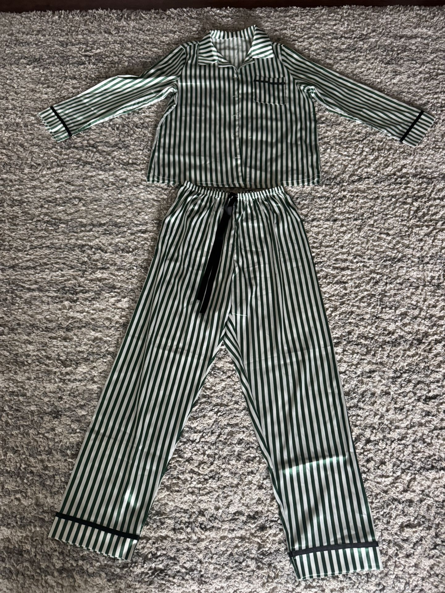 Collared Green Striped Women’s Casual Pajama Set