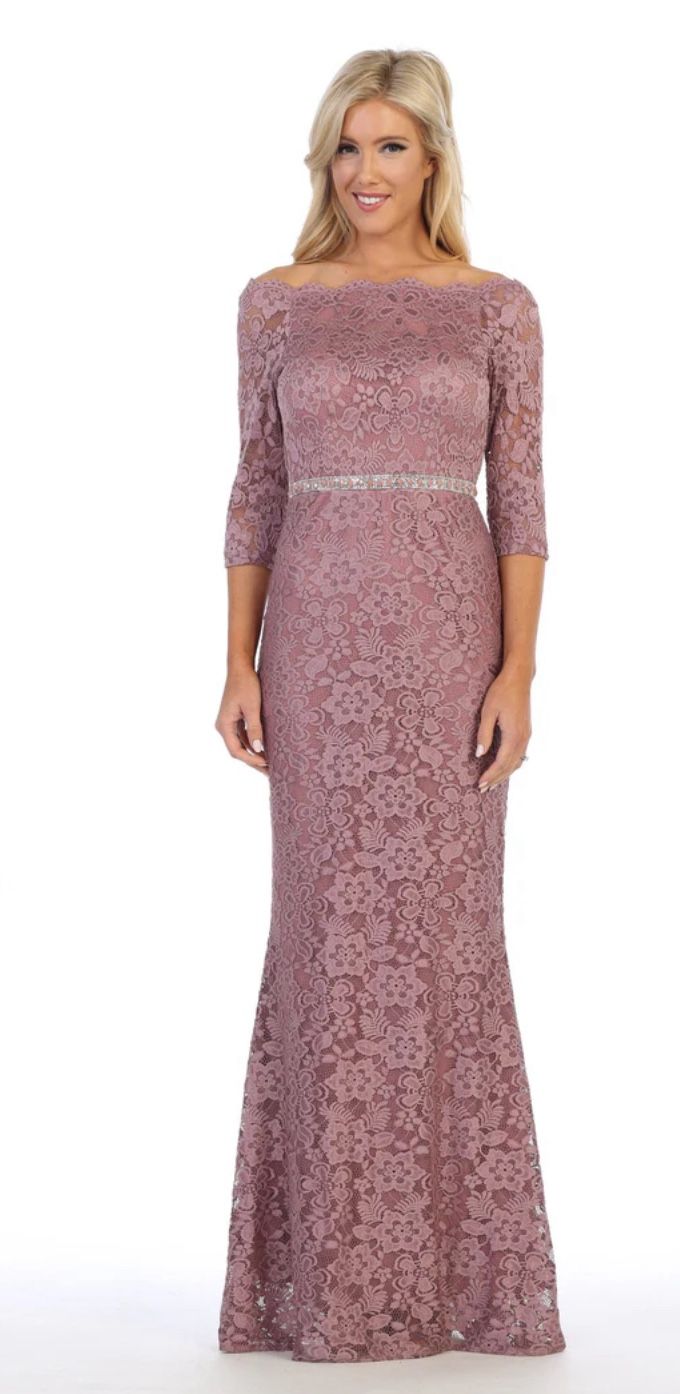 Long Off Shoulder Lace Dress With Beaded Waist