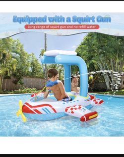 Inflatable Airplane Floats with Sun Canopy Design and Built-in Squirt Gun - Pool Boats Ride-on (47"x47"x20")