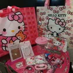 Hello Kitty Great Gift Items  $25 Tote Bags, Necklace, Bracelet, Cup w/straw, Keychain, Band, Hair Accs, Stampers, Stickers,Wallet, Pin on Button 