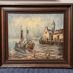 Vintage Harbor Painting In Ornate Wood Frame