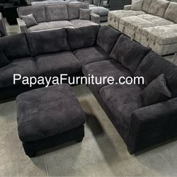 New! Corduroy Black Sectional And Ottoman, Sectional Sofa, Black Couch, Black Sofa, Sectional And Ottoman, Plush Sectional Couch, L-Shaped Sofa Couch 