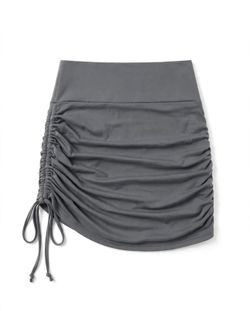 Gray Ruched Drawstring Mini Skirt