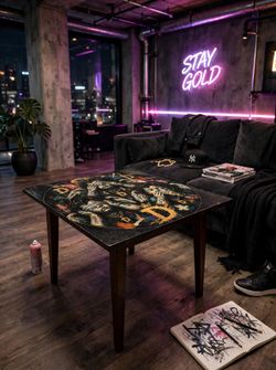 Wood Coffee Table with Graffiti Art Top