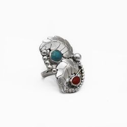 Native American Navajo Turquoie Coral Leaf Sterling Silver Ring