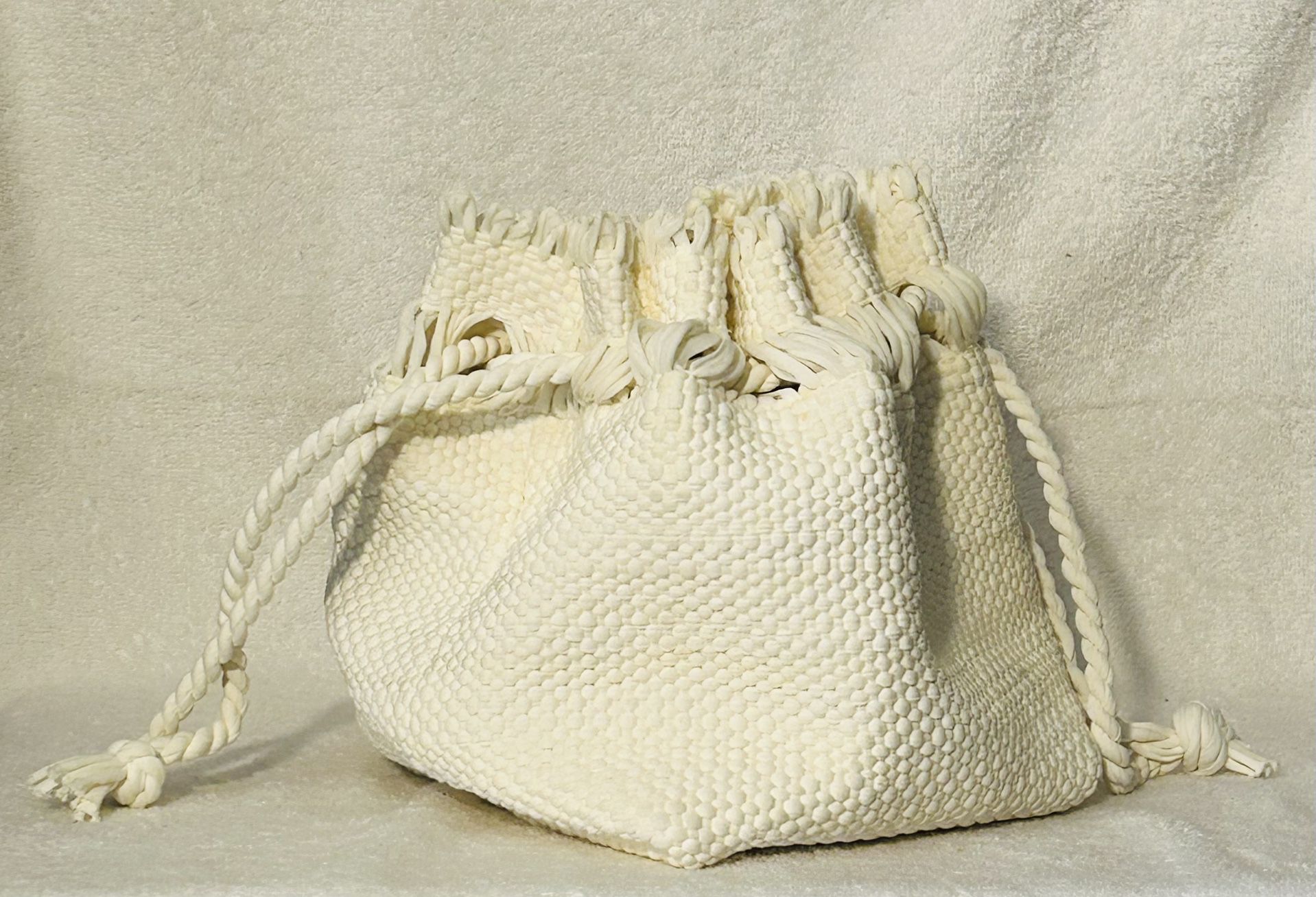 Handcrafted Women’s Woven Drawstring Cream Colored Bucket  Party Bag