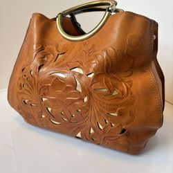 Patricia Nash Tooled Leather Satchel – 10th Anniversary Edition – Cutwork Floral – Cognac