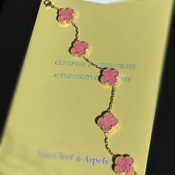 18k yellow gold Pink Van cleef Alhambra style Rhodonite 5 motifs clover shape stone bracelet