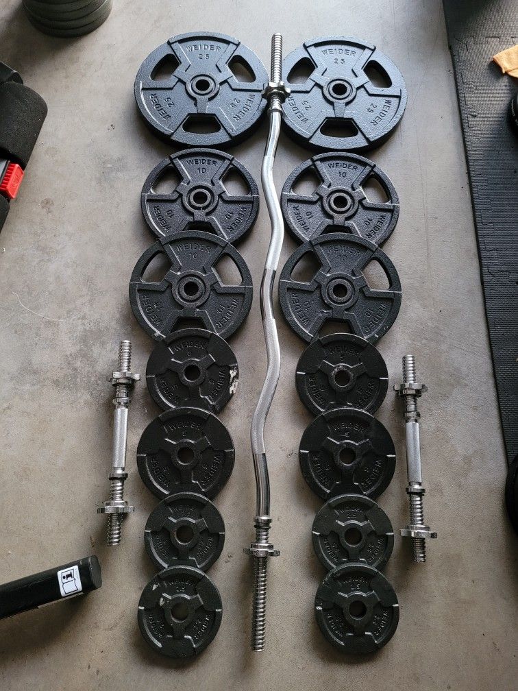 1" Standard Weight Plates (2x25Lbs,4x10Lbs,4x5Lbs,4x2.5Lbs) EZ Curl Bar for $120 Firm (WALNUT 91789)