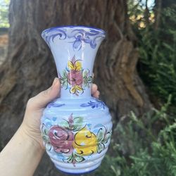 portugal ceramic pottery vase blue with flowers. Hand painted. 7" tall. 