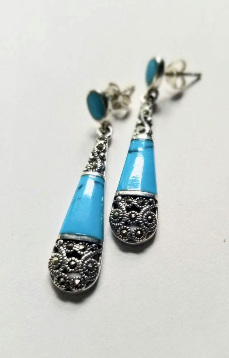 .925 Sterling Silver And Turquoise Pendant And Earrings