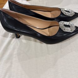 Black Pointed-Toe Heels with Crystal Buckle Size 10.5