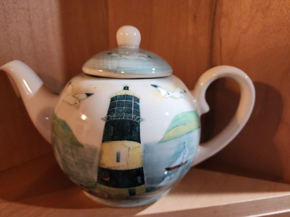 Oxney Green" Painted TeaPot Nautical Theme: Lighthouse, Sailboat & Seagulls Decor Kitchen