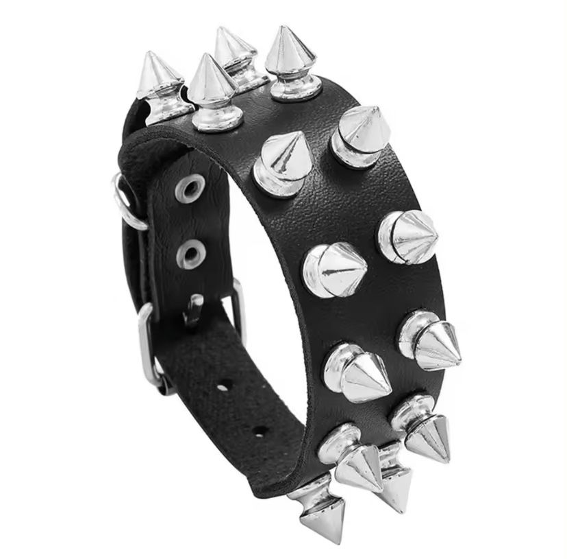 Black Faux Leather Spike Studded Bracelet Choker Punk Rivets Cuff Black Wristband Adjustable Cuff Bangle