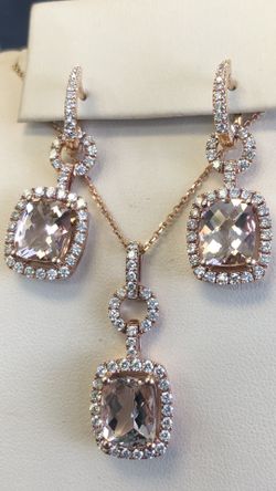 Morganite and Diamond Necklace, Earring Set. 14Kt Gold