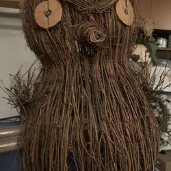 woven rattan decorative owl indoor/outdoor miniature white string lights attached