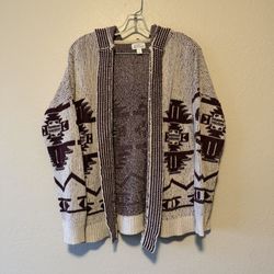 Market & Spruce, Women Burgundy Ivory  Aztec Hooded Open Front Jacket, Size XL