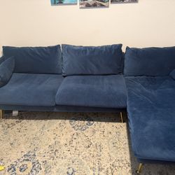 Large blue velvet Sofa With Right chaise