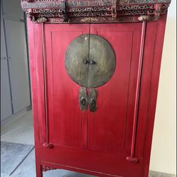 Price Reduction!!!! $100 - Antique Asian Carved Armoire - Red Stain