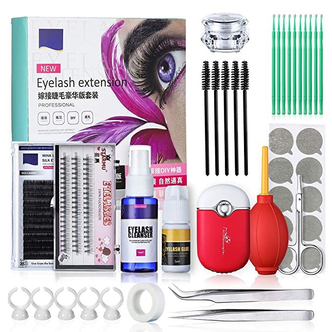 Eyelash Extension Kits, Luckyfine Training MakeUp False Eyelashes Extension Glue Tool Practice Kit for Makeup Practice Eye Lashes Graft with Air Puff