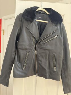 DSTLD Lambskin Leather Zip Moto Biker Jacket With Removable Shearling Collar