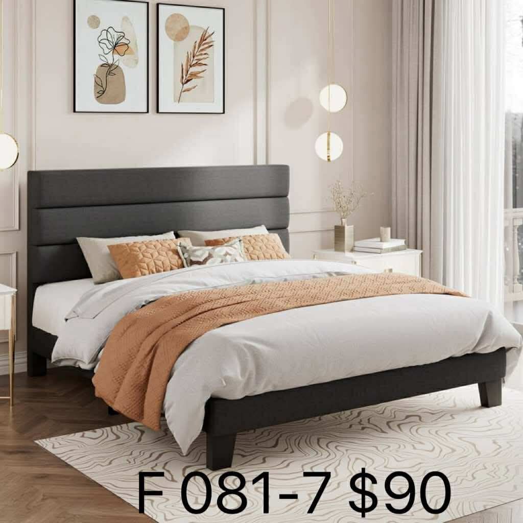 Full Bed Frame, Platform Bed Frame with Fabric Upholstered Headboard, Dark Grey(081-7)