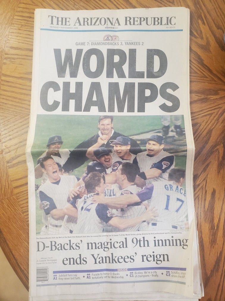 World Champs Diamondbacks The Arizona Republic Monday November 5th 2001 Full Color Paper