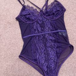 New Small Purple Lace Stretchy Bodysuit Lingerie 