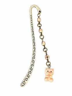 Cat Charm Beaded Metal Bookmark – Peach & Rose Gold-Tone