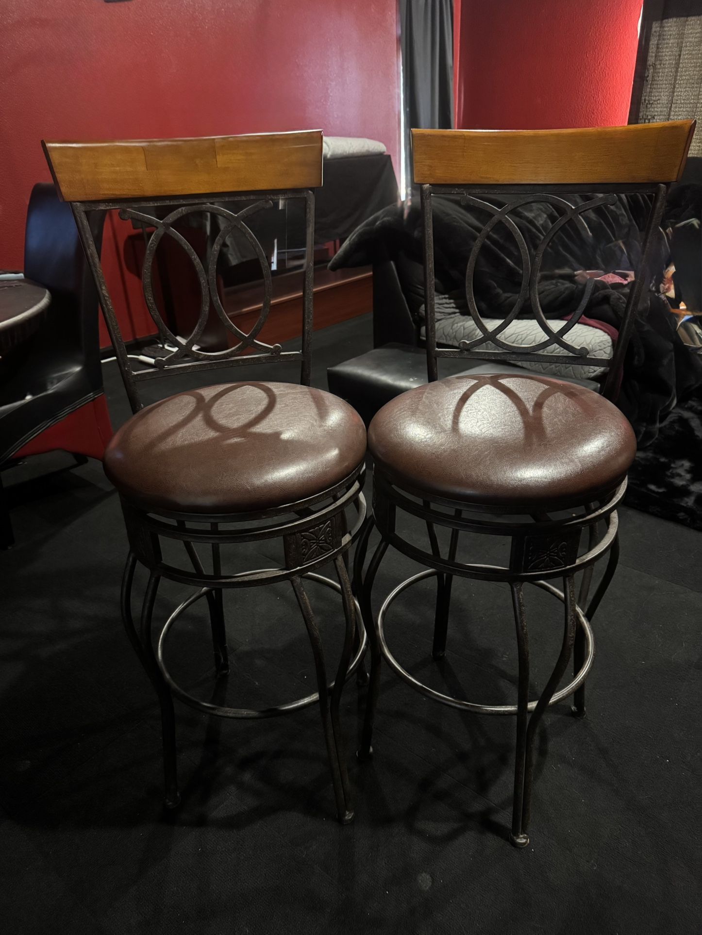 Pair Of Bar Chairs- Metal, Leather And Wood