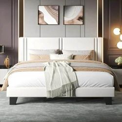 King Bed Frame, Velvet Upholstered Platform Bed Frame, Solid Wood Slats & Heavy Duty Feet Support, No Box Spring Needed, Noise-Free, Easy Assembly, Wh