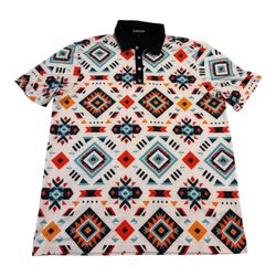 NWT BYRDGANG Golf Polo Shirt Mens Large  White Aztec Geometric Print Casual