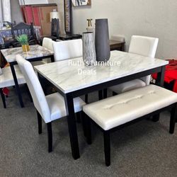 5-pc dining table set with bench white fau