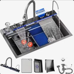 Brand New Black Gray Flying Rain Stainless Steel Waterfall Kitchen Sink with Pull Down Faucet 29.5 inch 8SC-QHGQ4TZS-666