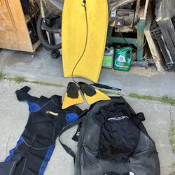 Body Board, Wet Suit Fins And Bag