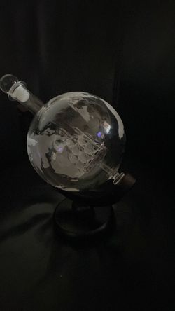 Glass ship inside a glass globe decanter w/ wood stand