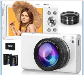 4K Digital Camera with Wide Angle Lens, 64MP Autofocus 16X Digital Zoom YouTube Compact Point Shoot Vlogging Camera for Teens/Beginners, 32GB Card, 2