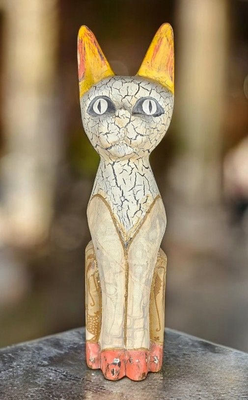 Hand Carved Mixed Media Folk Art Cat