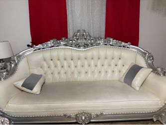 Juego de Muebles Estilo Victoriano Plata y Crema - 3 Piezas  Sofás y Sillón Tallado Plateado, Piel Sintética