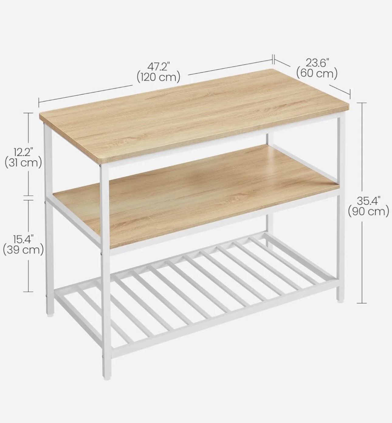 VASAGLE Kitchen Island with 3 Shelves and Large Worktop - Oak Beige / White