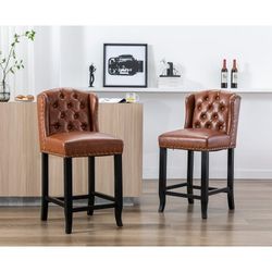 Guyou Modern Tufted Bar Stool Set of 2, 26" Counter Height Bar Stool with Back and Nailhead Trim, PU Upholstered Solid Wood Kitchen Island Chair Barst