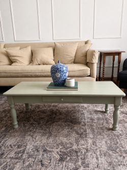 Sage Green Farmhouse Coffee Table with Drawer – Solid Wood