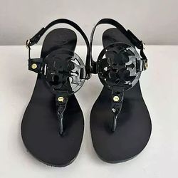 Tory Burch Designer Black Leather Holly Kitten Heel Sling Back Logo Sandals 8