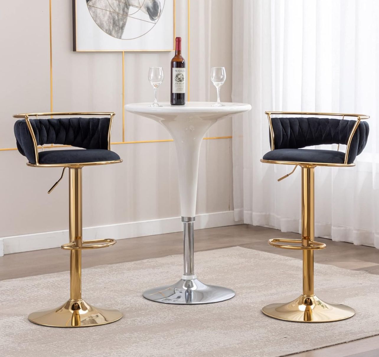 HEAH-YO Woven Bar Stools Set of 2, Adjustable Counter Height Bar Stools with Back and Solid Gold Base, Velvet Swivel Kitchen Stools for Island Home Ba