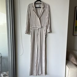 Paris Designer Margaux Lonnberg Women ‘Charlie Ows’ Off White Stripes Jumpsuit Black Pink Wide Leg Sz. 4