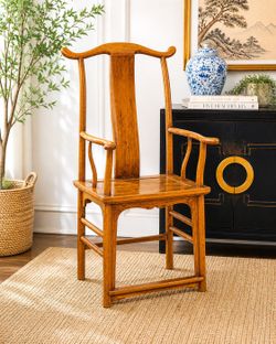 Vintage Chinese Elm Wood Ming Yoke Back Lacquered Asian Scholars Arm Chair Chinese Yoke Antique Solid Wood Statement Chair back Sturdy Entryway Chair