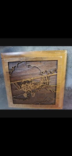 Vintage Wood Carved Biplane Wall Art Plaque