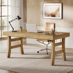 63 Inches Executive Office Desk Large Computer Table with Sturdy Legs, Light Brown.