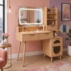48" Fluted Vanity Desk with LED Mirror & USB Charging – Smoked Glass Top