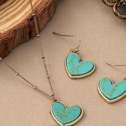Heart Love Turquoise Necklace Pendant Chain Earrings o